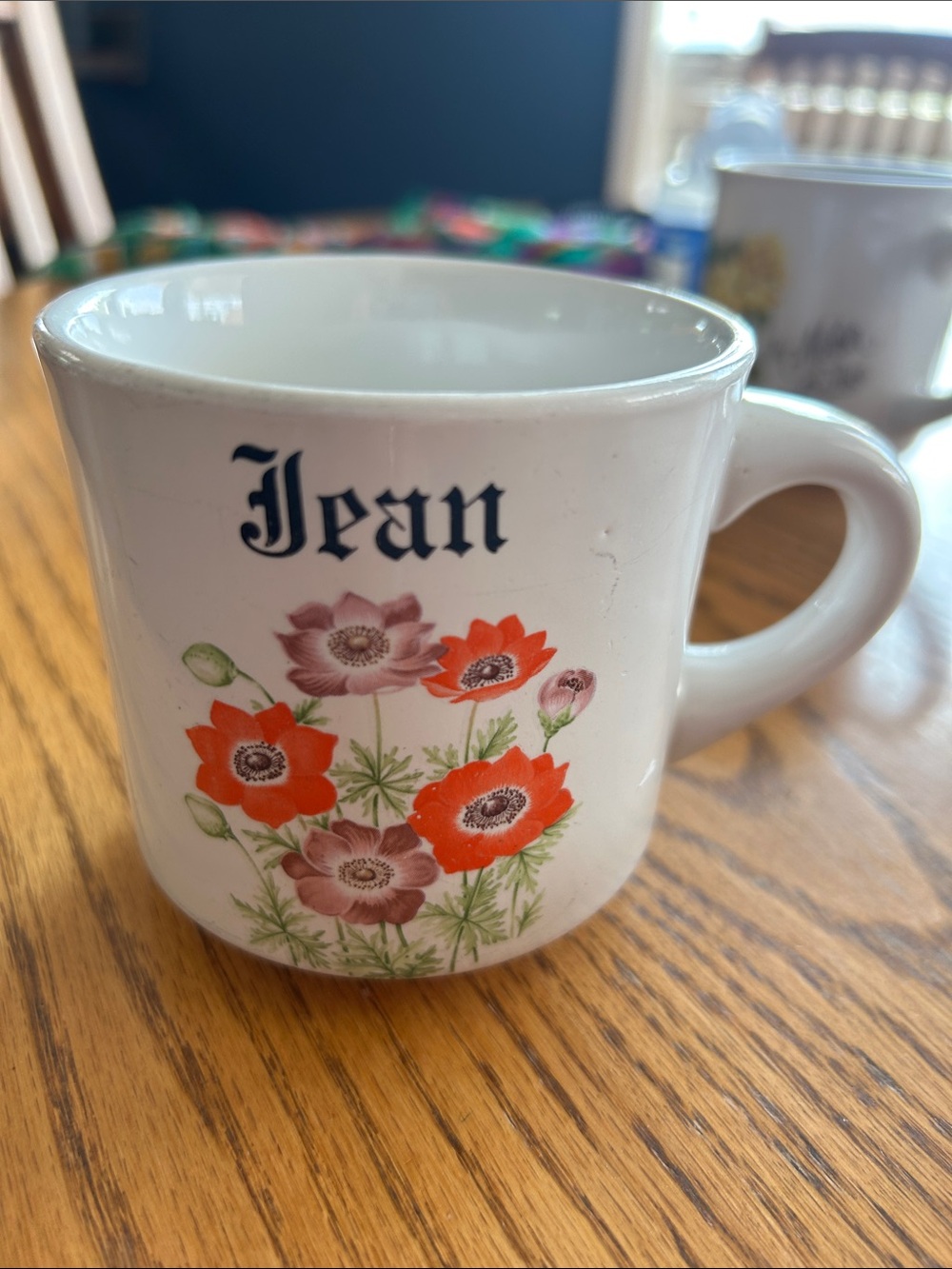 Jean Floral Ceramic Coffee Mug - White with Red Flower Design Papel Name Mug